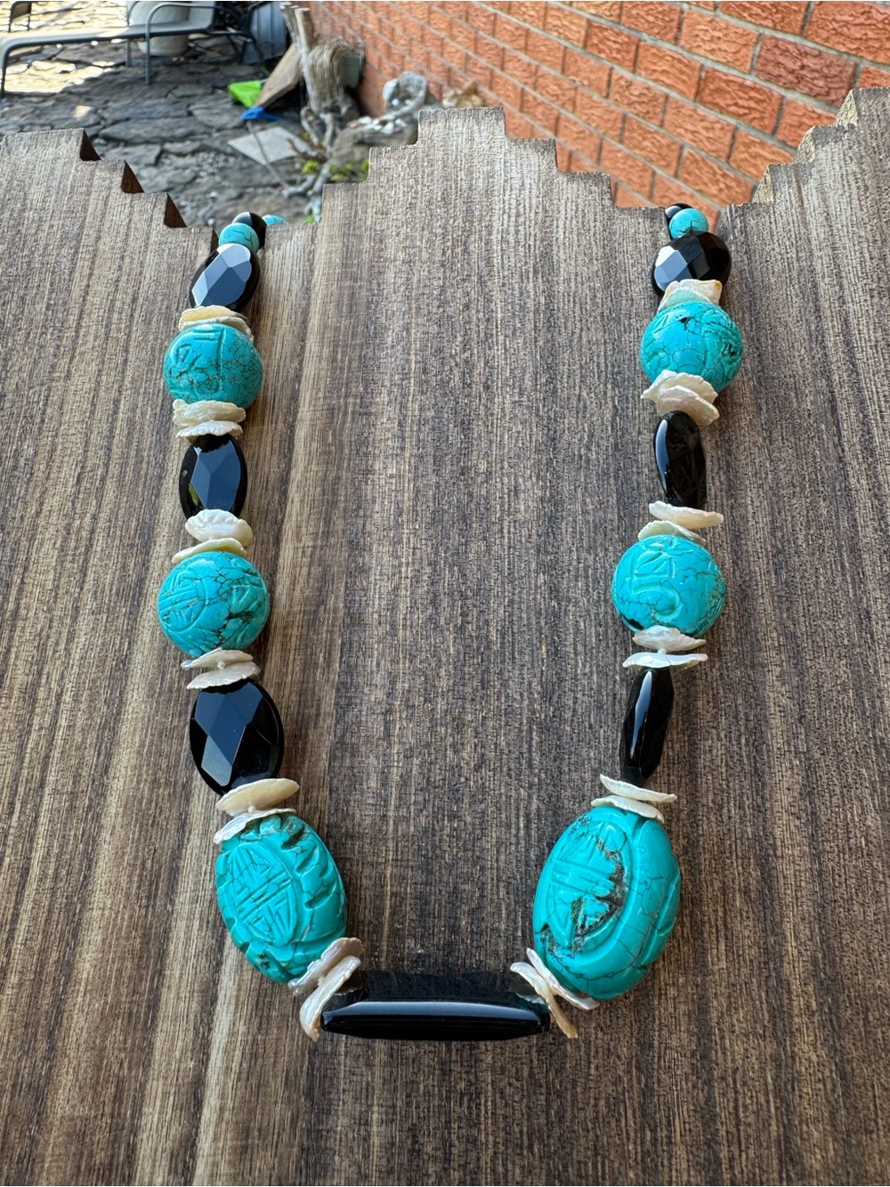 Turquoise & Black Carved Stone Statement Necklace